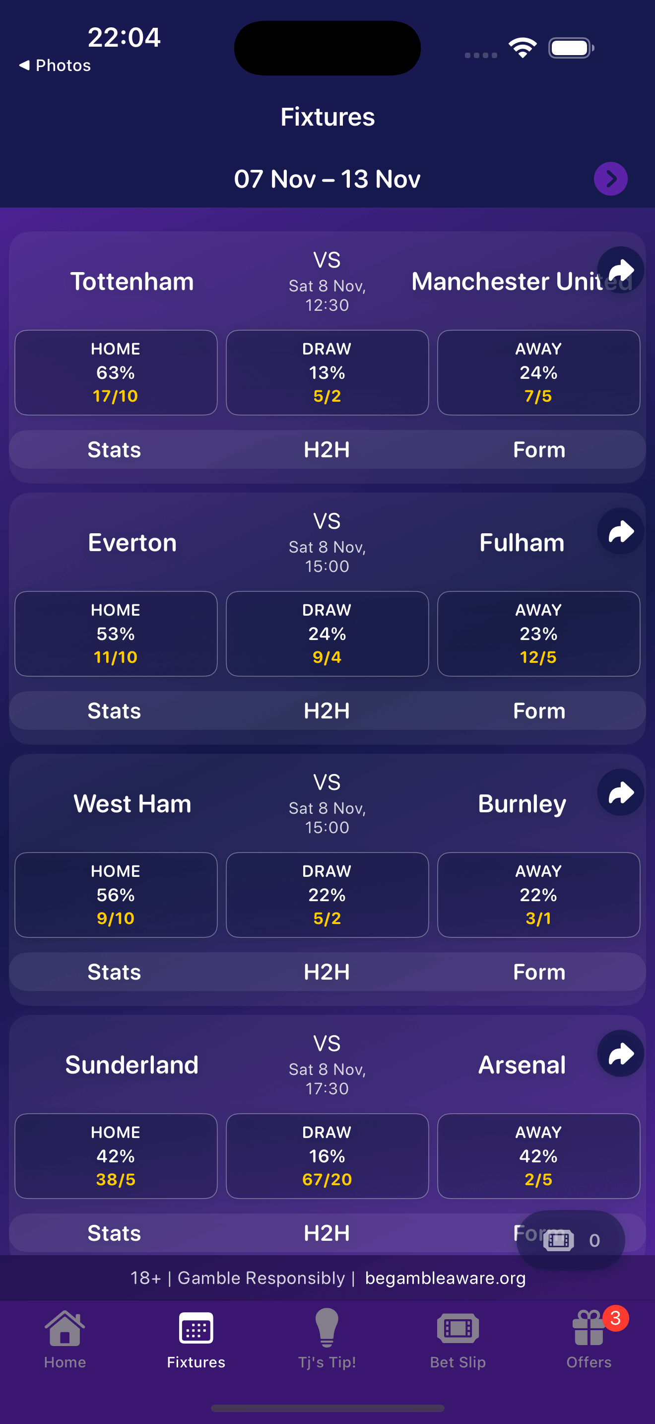 AccaAmici fixtures list showing Premier League predictions and odds with tabs for stats, H2H and form