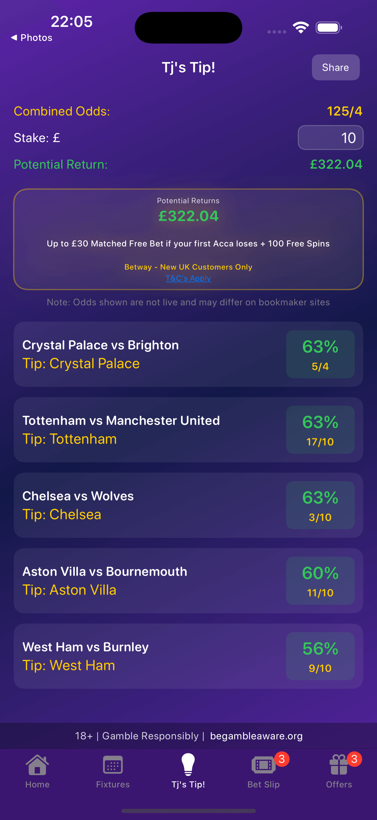 AccaAmici Tj's tips tab showing this week's top predictions with odds and potential returns