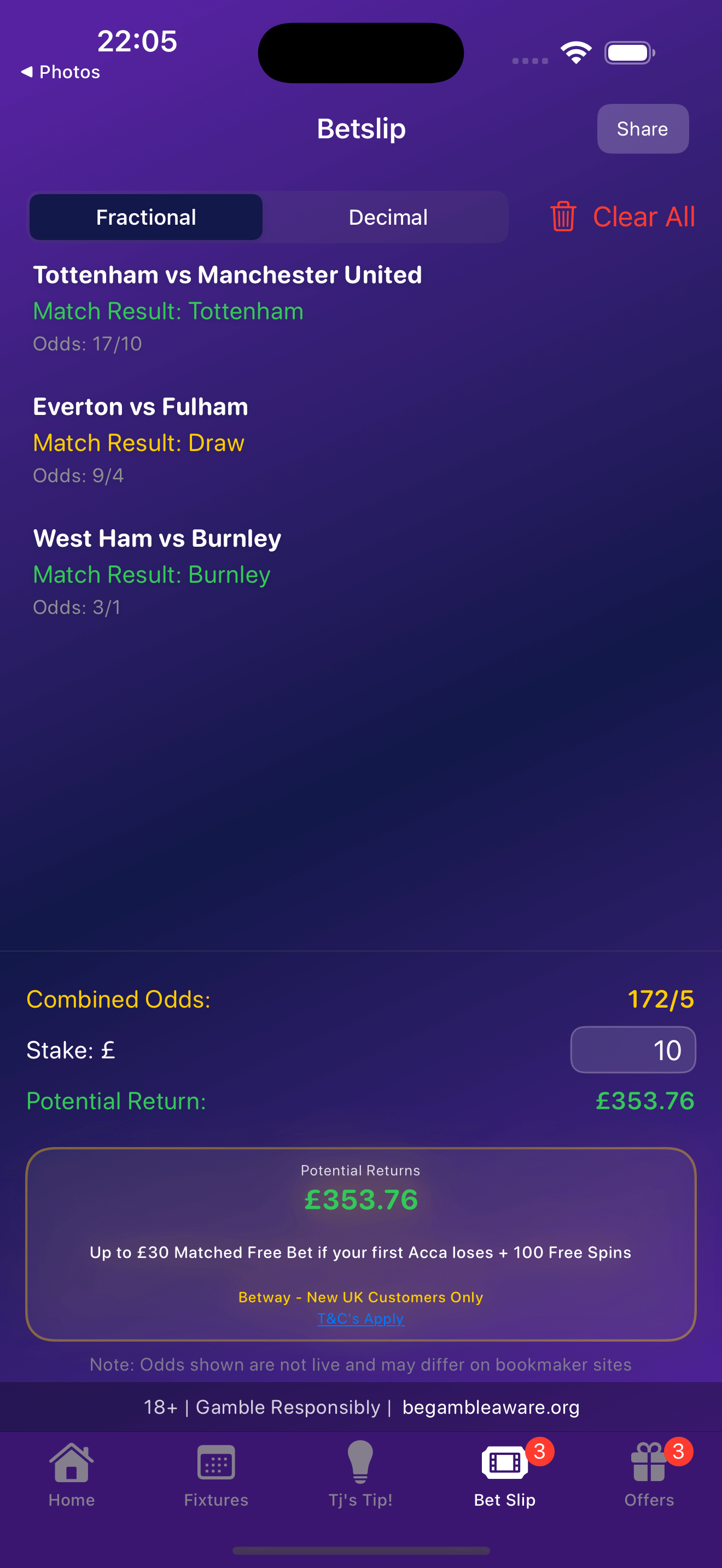 AccaAmici betslip view with selections, combined odds and potential returns calculator